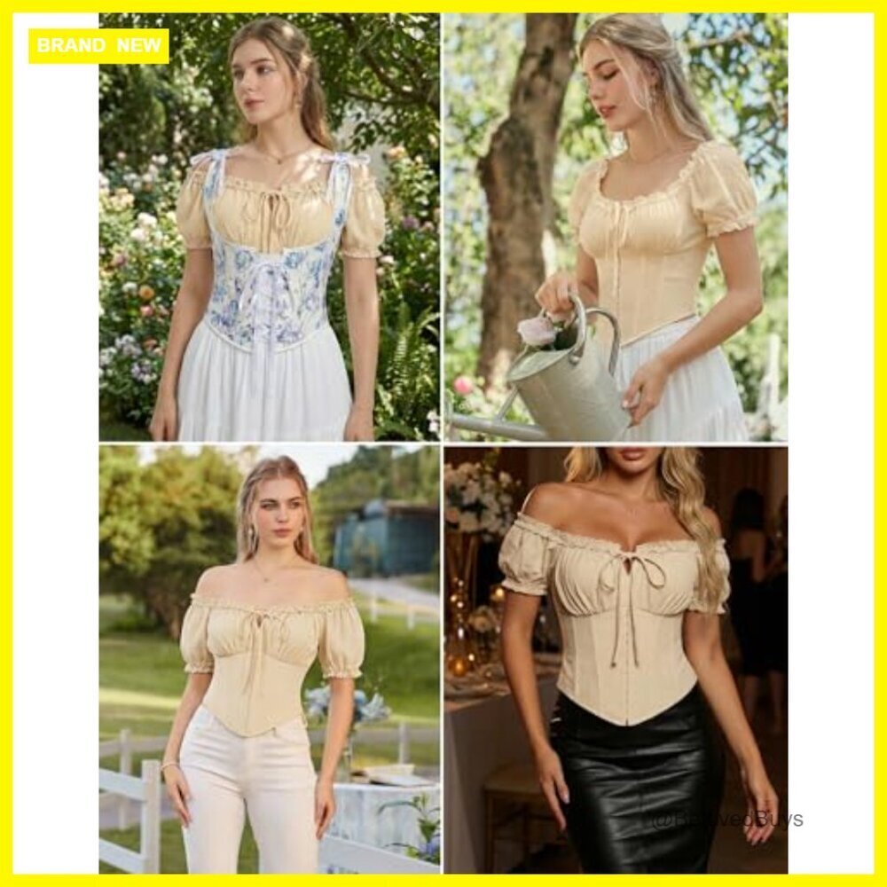 Cotton Corset Top Renaissance Off Shoulder Blouse Lace Up Vintage - Picture 5 of 7